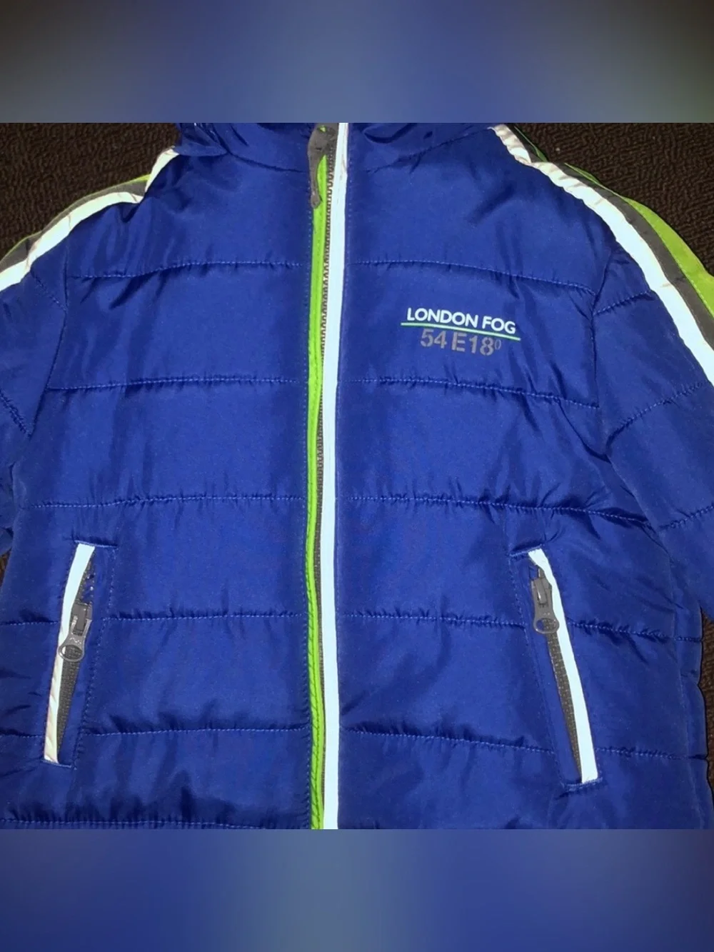 London Fog Blue Puffer Jacket with Lime Trim